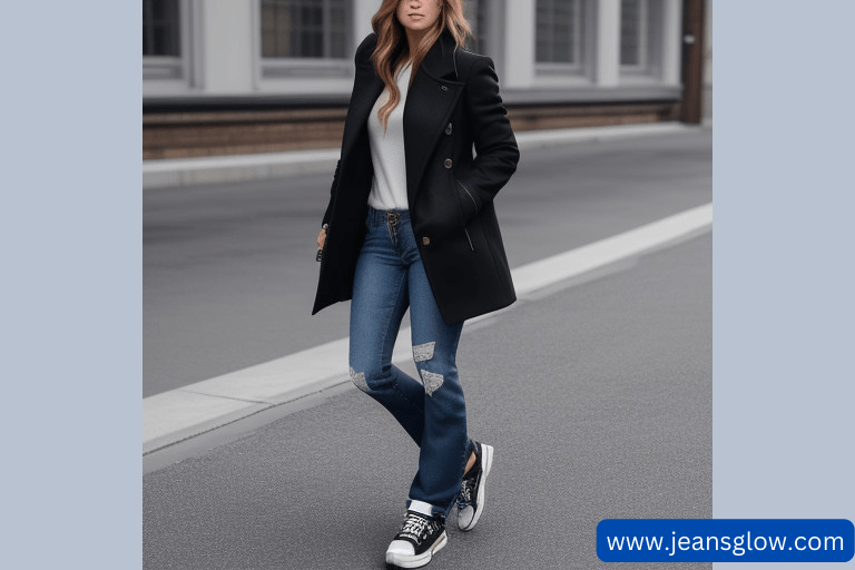 Black Coat bootcut jeans with sneakers