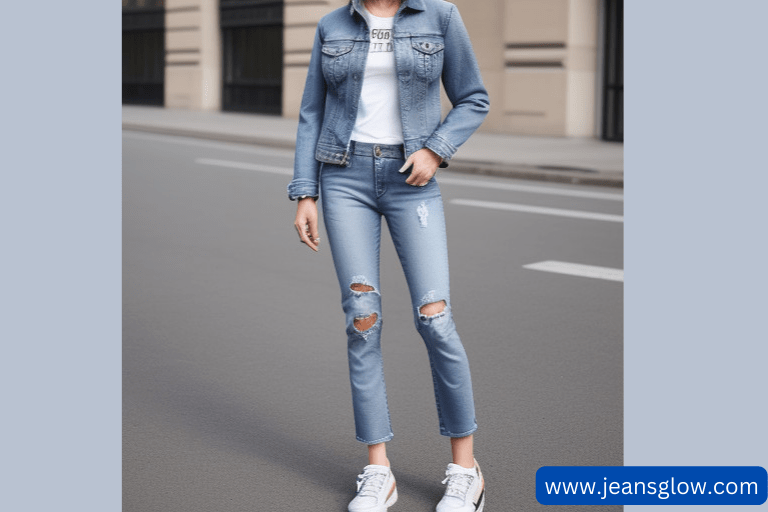 Blue Denim Jacket Bootcut Jeans with Sneakers