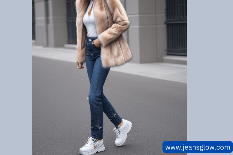 Fur Coat bootcut jeans with sneakers