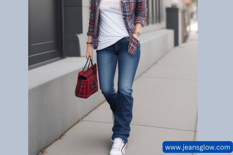 Plaid Shacket bootcut jeans with sneakers