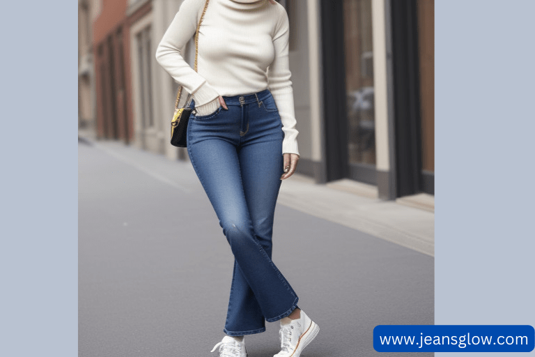 Roll neck bootcut jeans with sneakers